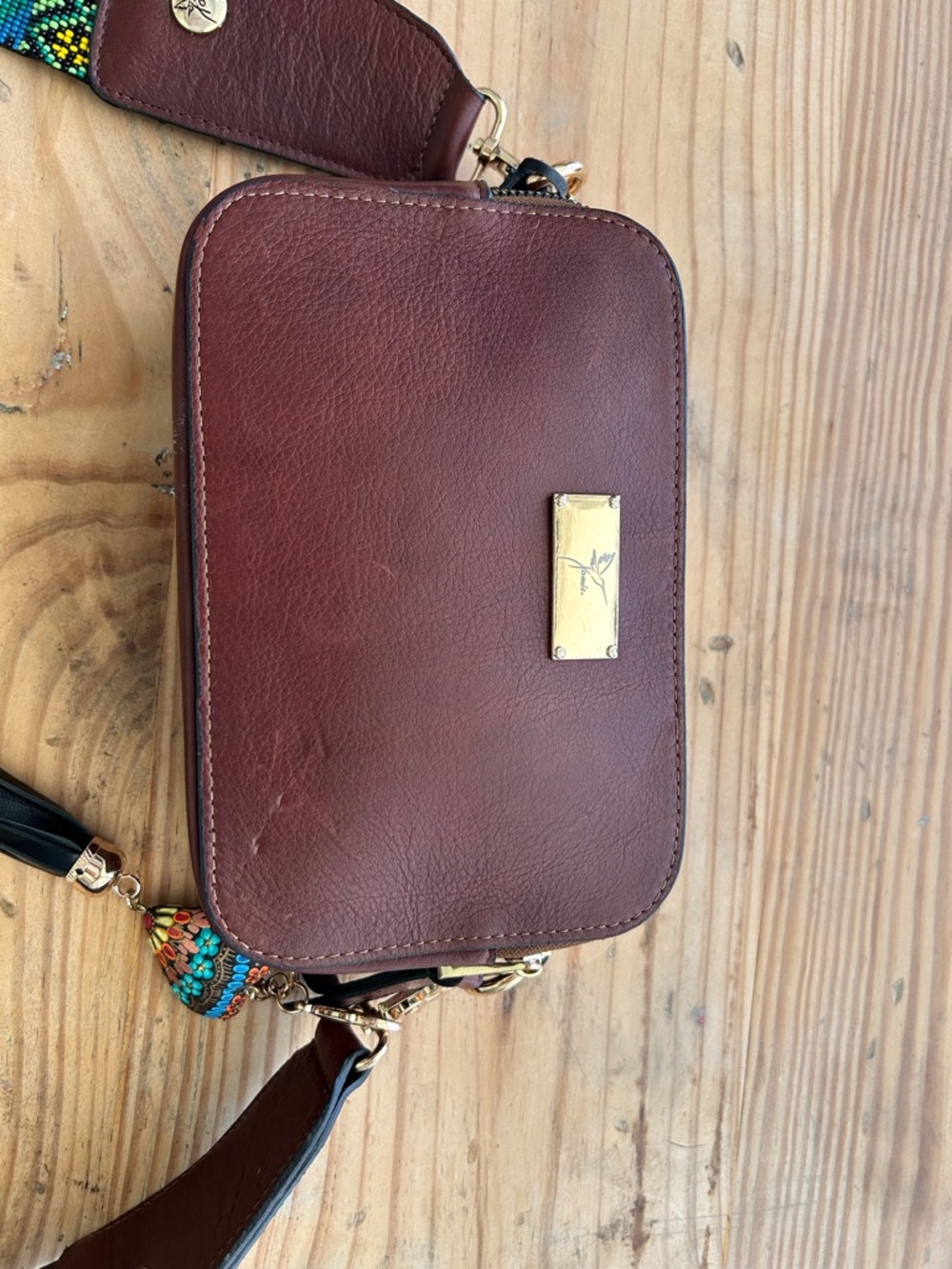 Brown Leather Crossbody Bag with Gold Plate